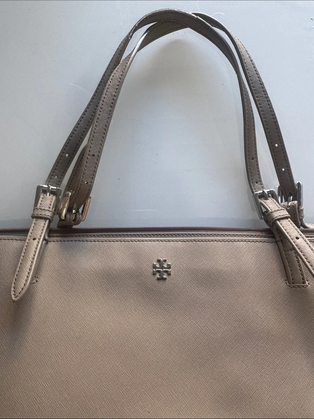 Tory Burch Beige Taupe Saffiano Leather Tote with Logo
